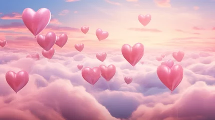 Fotobehang Heart-shaped balloons floating amidst a pink-hued, celestial canvas, creating a dreamy Valentine's Day wallpaper of ethereal romance - Clouds of Love. © Generative Professor