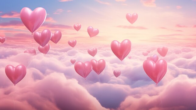 Heart-shaped balloons floating amidst a pink-hued, celestial canvas, creating a dreamy Valentine's Day wallpaper of ethereal romance - Clouds of Love.