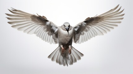 Front view of a majestic flying dove against a clear background.
