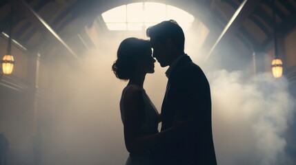 A couple shares parting glances in a nostalgic 1940s train station surrounded by steam and vintage ambiance.