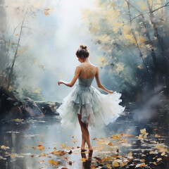 Bailarina sobre un lago rodeado de flores y niebla acuarela