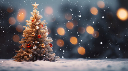Obraz premium Christmas tree in the snow, red gold baubles, beautiful golden blurred bokeh