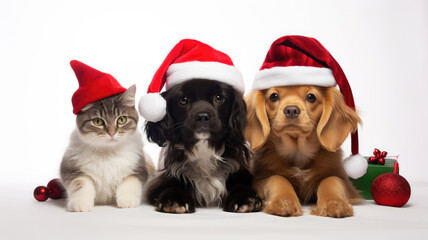 Fototapeta na wymiar Cat and dogs in christmas hats laying together on the white background