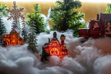 Christmas house. Night Photography. The concept of delivering goods and a Happy New Year greeting card.