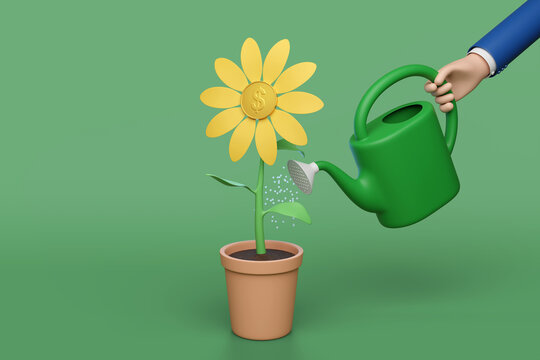 Businessman cartoon hand watering a money plant. 3d illustration.