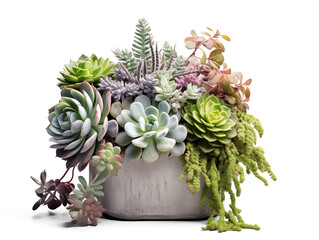 Bunch / group of succulents potted in a grey vintage French zinc pot, cut out with shadow. Generative AI