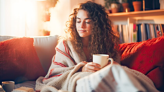 Adult, dark waves, indoors, cozy attire, sits on couch, contemplative with tea.