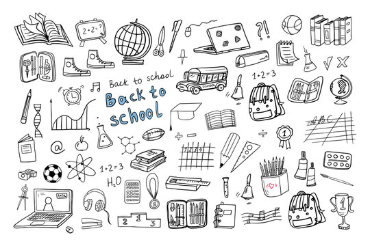 Big set of school icons. Back to school. Education. Doodle style. Good for textile fabric design, wrapping paper, banner, posters, cards, stickers, professional design and website wallpapers.