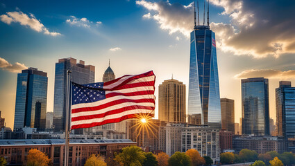 city skyline, Illustration of american flag , A close - up shot of an American flag, A close - up shot of an American flag,Generative AI - obrazy, fototapety, plakaty