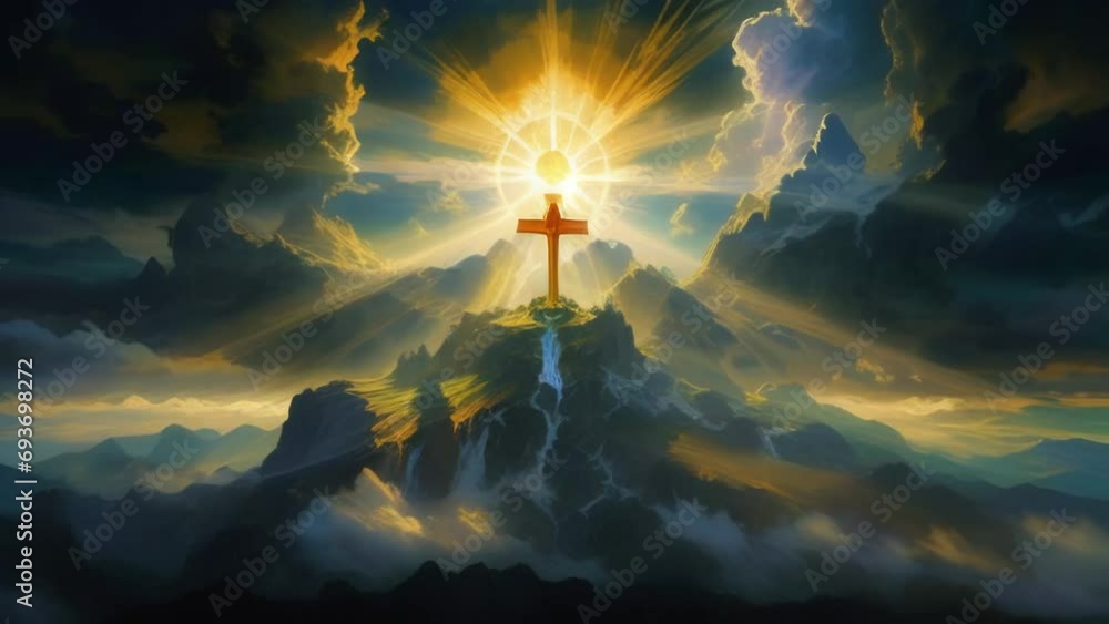 Wall mural holy cross symbolizing the death and resurrection of Jesus Christ with The sky over Golgotha Hill is shrouded in light and clouds	
