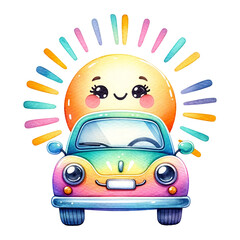 Animated car with a sunny backdrop and colorful rays
