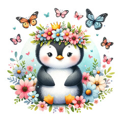A crowned penguin surrounded by butterflies and flowers