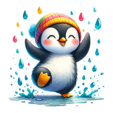 A penguin with a colorful beanie, surrounded by raindrops