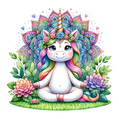 A unicorn sitting in a meditative pose with a mandala background
