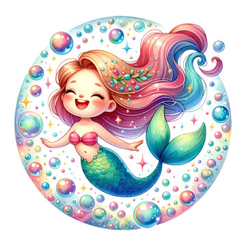 A joyful mermaid surrounded by vibrant bubbles underwater