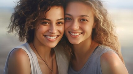 lovely smiling lesbian couple, golden hour