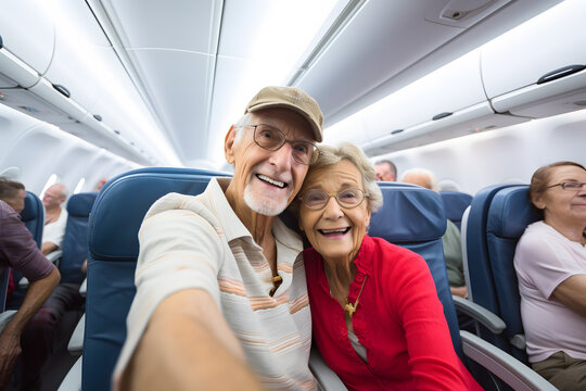 Happy retired tourist taking a selfie inside an airplane - Vacation and Transportation Concept