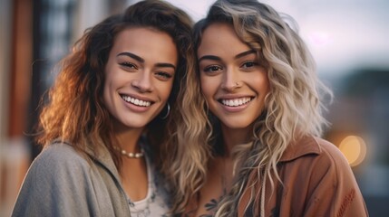Fototapeta premium lovely smiling lesbian couple, golden hour