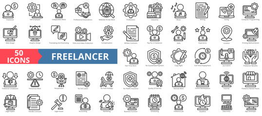 Freelancer icon collection set. Containing self employed,independent work,professional,website,worker,industries,skills icon. Simple line vector illustration.