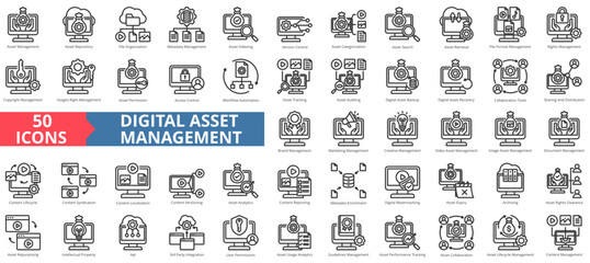 Digital asset management icon collection set. Containing repository,cloud file ,database ,indexing,version control,cms,content  icon. Simple line vector illustration.