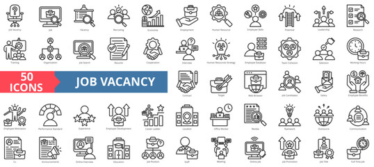 Job vacancy icon collection set. Containing online job search,requirements,recruiting,employment,human resource management,employee skills,career ladder icon. Simple line vector illustration.