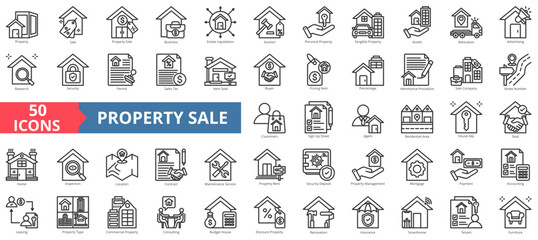 Property sale icon collection set. Containing estate liquidation,business,auction,ownership,management,home relocation,home inspection icon. Simple line vector illustration. - obrazy, fototapety, plakaty