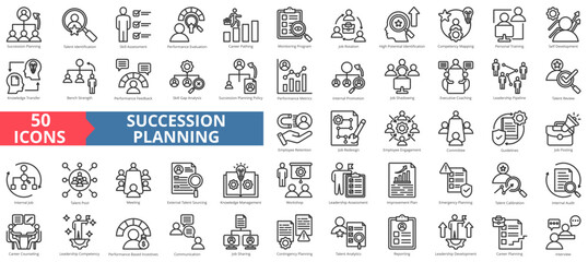 Succession planning icon collection set. Containing talent identification,skill assessment,performance evaluation,career path,job rotation,competence icon. Simple line vector illustration - obrazy, fototapety, plakaty