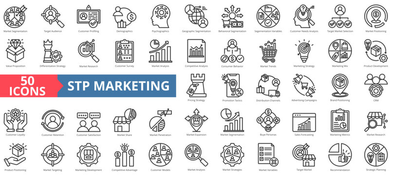 Stp marketing icon collection set. Containing target audience,customer needs,value proposition,loyalty program,marketing mix,retention,buyer persona icon. Simple line vector illustration.