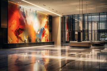 Opulent Modern Hotel Lobby with Chic Decor and Ambient Lighting