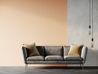 Luxury living room trend 2024 color. Peach fuzz 2024 color of the year walls, pillows, lounge furniture. Empty space for art. Rich apricot interior design. Mockup lounge or reception hall. 3d render