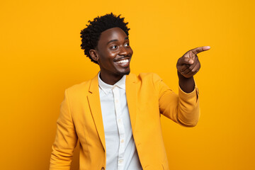 Naklejka premium an african man standing on a yellow background pointing to something isolated photo