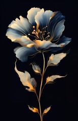 flower stem leaves monochromatic gold light translucent microchip silhouette shaded blue black tulips soft gradients baroque period