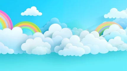Zelfklevend Fotobehang Cartoon cloudscape background with paper clouds and rainbow. Cloudy landscape wallpaper. Clean and minimal scenery background. © Pro Hi-Res