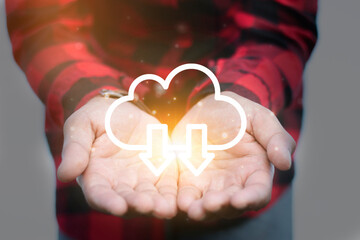 virtual cloud in hand Cloud computing technology for downloading data business wireless communication technology concept Collection of information on the Internet