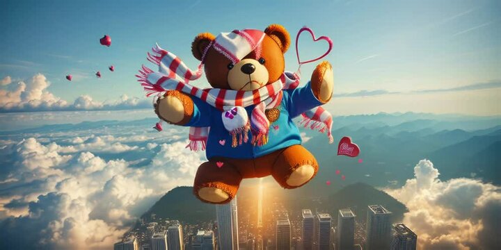 a teddy bear flying through the air with a heart on its chest and a scarf around his neck