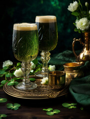 St Patrick day. green beer and coins. Glasses of lager beer, a hat and coins with shamrock. 