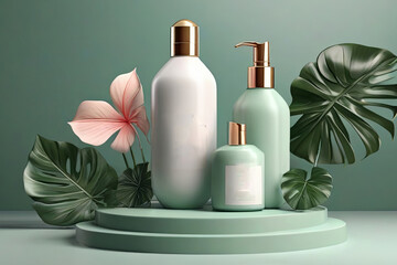 Obraz na płótnie Canvas Luxury skincare concept 3D shampoo mock up on cube podium with tropical leaves Beauty product ad template 