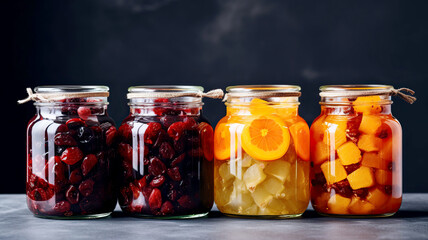 Homemade compote in large glass jars from Assorted dried fruits. Preserved fruits and vegetables in glass jars on dark background. Selective focus.