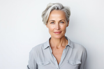 medium shot portrait photography of a woman in her 40s against a light white background