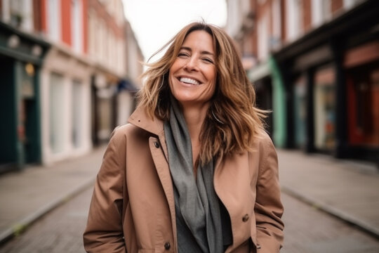 medium shot portrait photography of a pleased woman in her 30s that is wearing random clothes