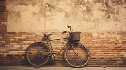 A rustic, weathered photo frame showcasing a sepia-toned image of a vintage bicycle against a brick wall.