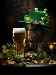St Patrick day. green beer and coins. Glasses of lager beer, a hat and coins with shamrock. 
