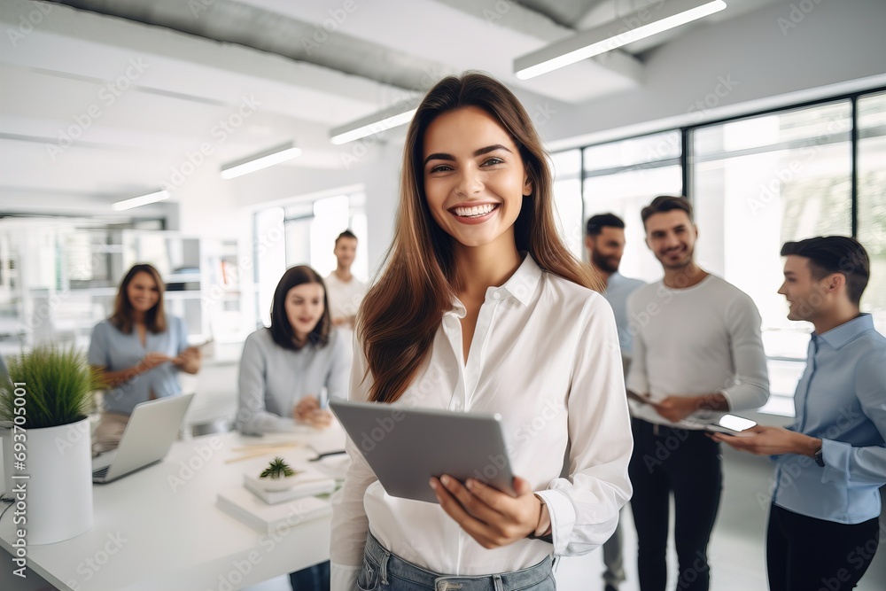 Wall mural a positive female manager is an employee in a finance company in a shirt in the office using a table