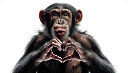 Happy laughing funny monkey portrait making heart hands. Chimpanzee with Hand fingers making heart shape, isolated on white background, Generative Ai - obrazy, fototapety, plakaty