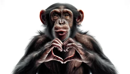 Fotobehang Happy laughing funny monkey portrait making heart hands. Chimpanzee with Hand fingers making heart shape, isolated on white background, Generative Ai © angellodeco
