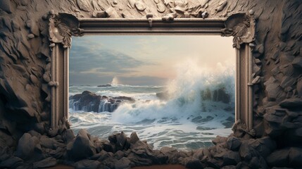 A textured frame enclosing a picture of a rocky beach with waves crashing on the shore.