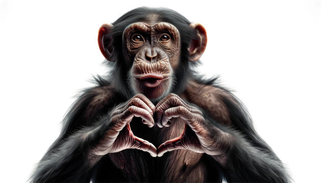 Happy laughing funny monkey portrait making heart hands. Chimpanzee with Hand fingers making heart shape, isolated on white background, Generative Ai