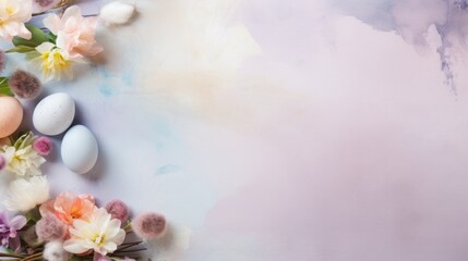 Easter eggs and spring flowers on a pastel background with copy space