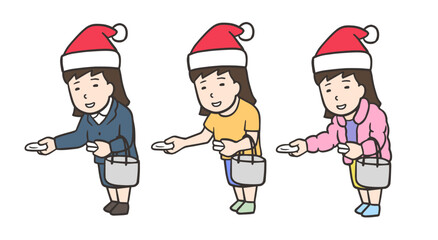 クリスマスにティッシュを配る女性のイラストセット
