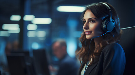 Young female telemarketer or call center agent with headset working on support hotline in modern office. - obrazy, fototapety, plakaty